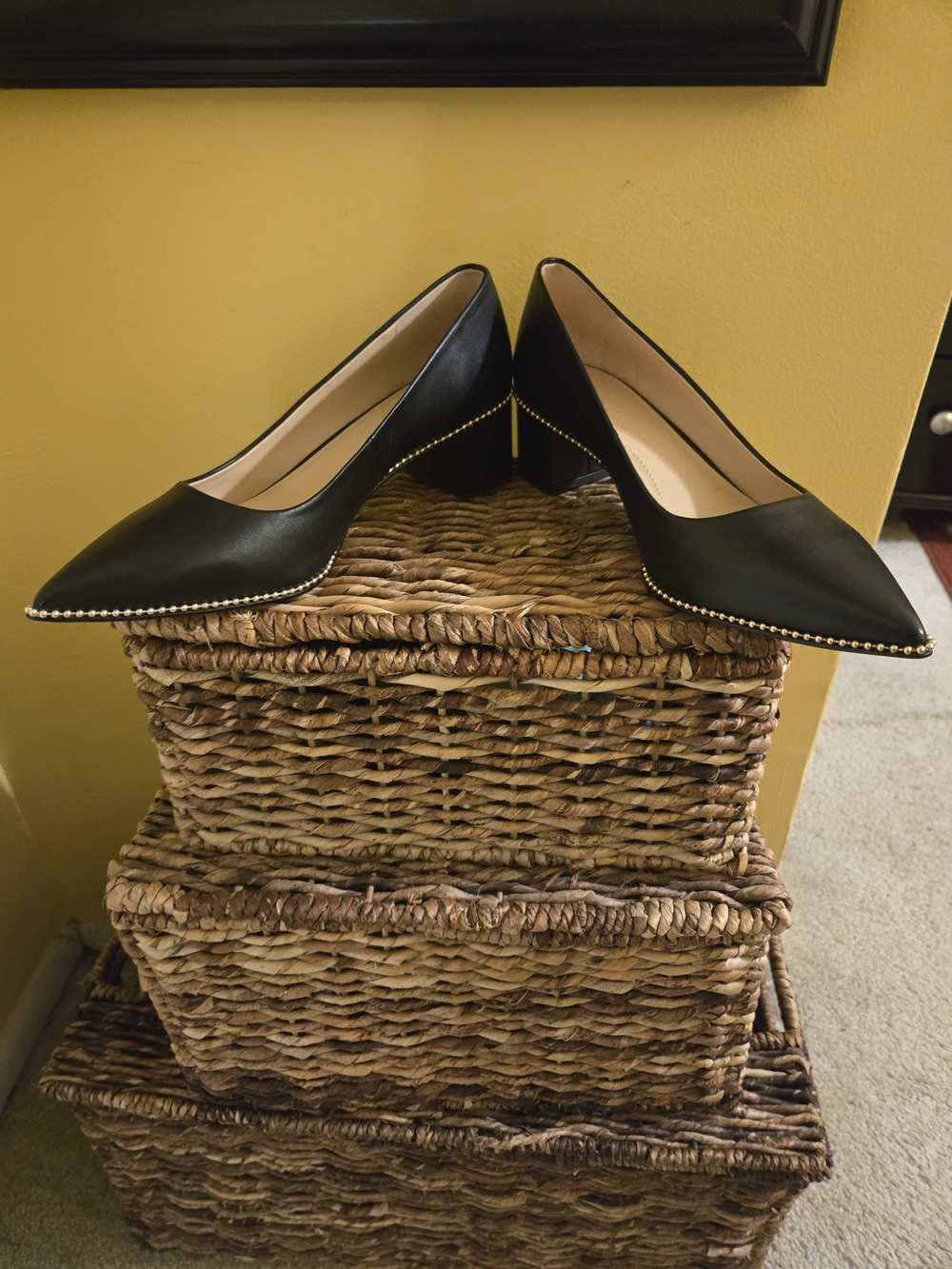 Coach Black Pointed Toe Pumps with Gold Bead Trim